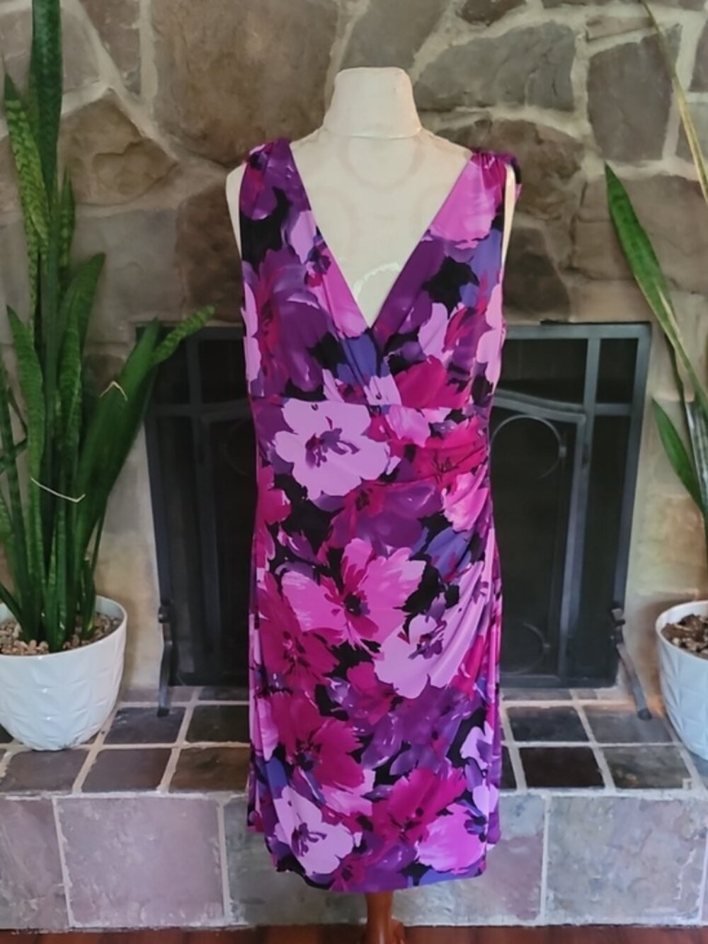 American Living Purple Floral Faux Wrap Dress Sz 16 Sleeveless V-Neck Midi